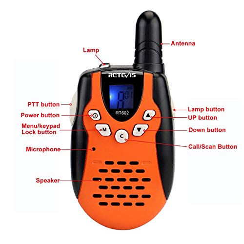 Retevis RT602 Walkie Talkies Niños Recargables con Baterías de Iones de Litio y Cargador, Linterna de 8 Canales VOX, Largo Alcance para Actividades en Interiores o Exteriores (1 Par, Naranja)