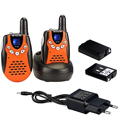 Retevis RT602 Walkie Talkies Niños Recargables con Baterías de Iones de Litio y Cargador, Linterna de 8 Canales VOX, Largo Alcance para Actividades en Interiores o Exteriores (1 Par, Naranja)