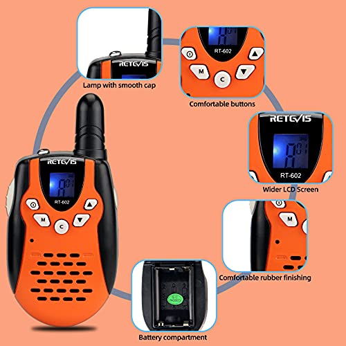 Retevis RT602 Walkie Talkies Niños Recargables con Baterías de Iones de Litio y Cargador, Linterna de 8 Canales VOX, Largo Alcance para Actividades en Interiores o Exteriores (1 Par, Naranja)