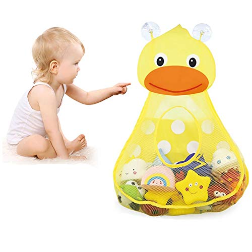 RETTI Organizador de juguetes para el baño, para guardar juguetes para niños pequeños, bolsa de almacenamiento para juguetes de baño, secado rápido, con 2 ventosas fuertes, pato