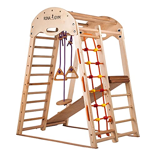 RINAGYM - Triángulo de escalada de madera para niños - Red de escalada, escalera sueca, anillos, tobogán - Promueve el desarrollo - Ideal para 1 a 5 años - Soporta hasta 60 kg