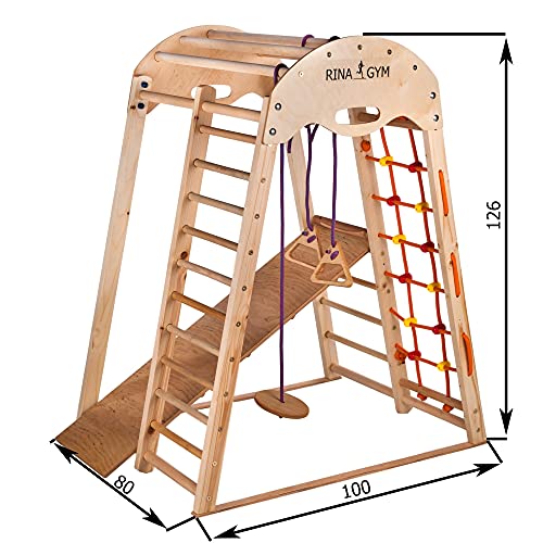 RINAGYM - Triángulo de escalada de madera para niños - Red de escalada, escalera sueca, anillos, tobogán - Promueve el desarrollo - Ideal para 1 a 5 años - Soporta hasta 60 kg