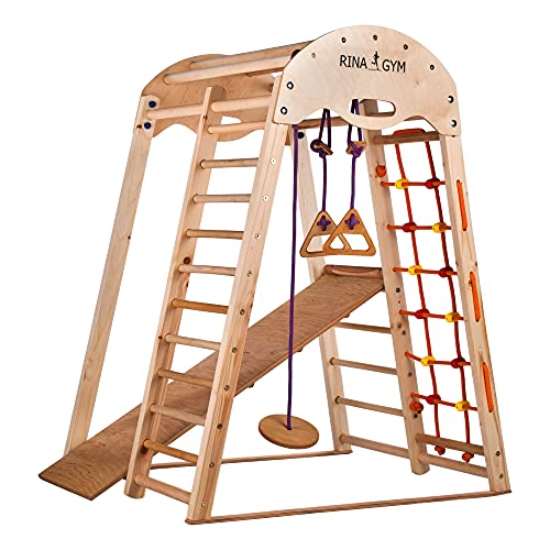 RINAGYM - Triángulo de escalada de madera para niños - Red de escalada, escalera sueca, anillos, tobogán - Promueve el desarrollo - Ideal para 1 a 5 años - Soporta hasta 60 kg