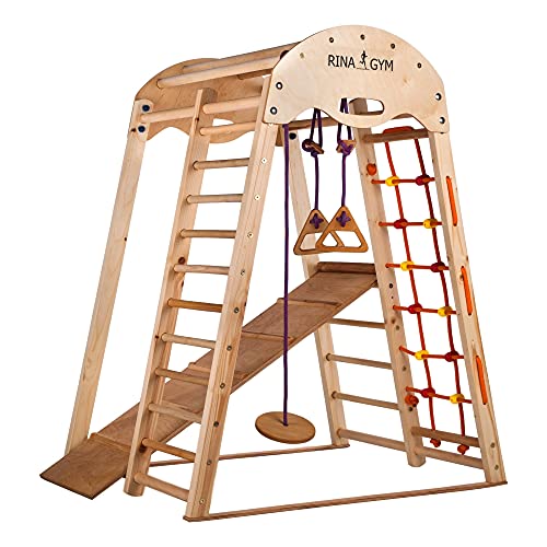 RINAGYM - Triángulo de escalada de madera para niños - Red de escalada, escalera sueca, anillos, tobogán - Promueve el desarrollo - Ideal para 1 a 5 años - Soporta hasta 60 kg