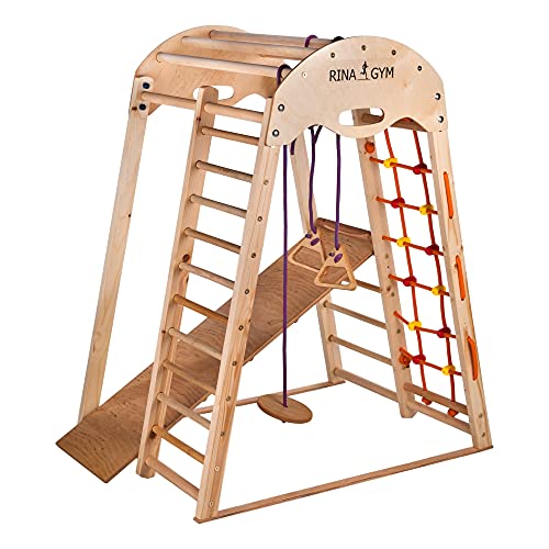 RINAGYM - Triángulo de escalada de madera para niños - Red de escalada, escalera sueca, anillos, tobogán - Promueve el desarrollo - Ideal para 1 a 5 años - Soporta hasta 60 kg