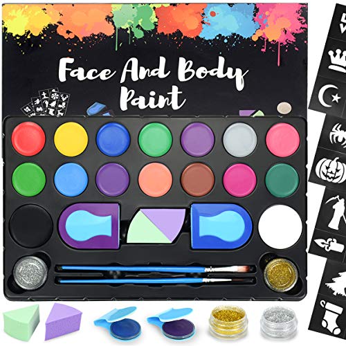 RIOGOO Kit de Pintura Facial para niños, Pinturas Grandes a Base de Agua, 16 Pinturas Grandes a Base de Agua, 24 Plantillas, 2 Brillos, Kit de Maquillaje de Halloween