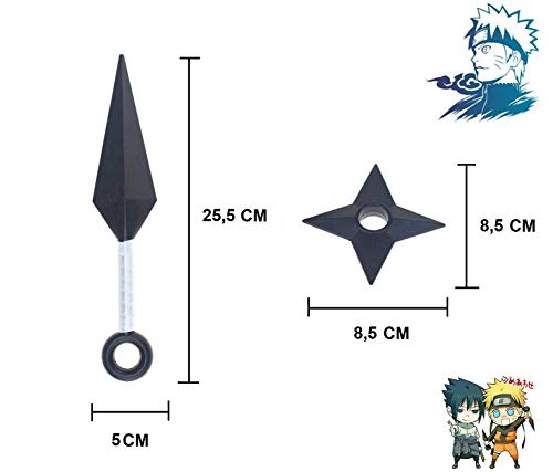 Riviax - Kunai y Shuriken Naruto [8 Pcs] Accesorio de Juguete Disfraz Ninja Shinobi, Cosplay Anime Japonés Boruto, Chuchillo Grande 25 cm y Estrella de Plástico, Armas Regalo Cumpleaños Niño y Adulto