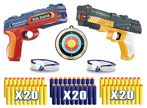 Riviax - Pistolas de Juguete para Niños con Dardos de Espuma, 2 Blaster Espacial + 60 Balas/Flechas + 2 Gafas Protección y 1 Objetivo de Disparo o Tiro, Regalo Cumpleaños y Fiestas Niño/a de 3-12 Años