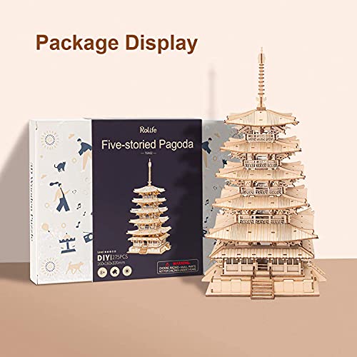 Rolife Madera Puzzle 3D Torre Pagoda de cinco pisos Maquetas para Montar para Construir Adultos Niñas Gatto fortunato, Five-storied Pagoda