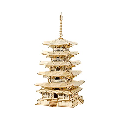 Rolife Madera Puzzle 3D Torre Pagoda de cinco pisos Maquetas para Montar para Construir Adultos Niñas Gatto fortunato, Five-storied Pagoda