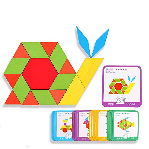 Rompecabezas de Madera con Forma geométrica, Juguete de Tangram, Divertido Juguete Educativo, con 155 Piezas de Formas geométricas y 24 Tarjetas de diseño, Adecuado para niños de 3 4 5 6 7 años