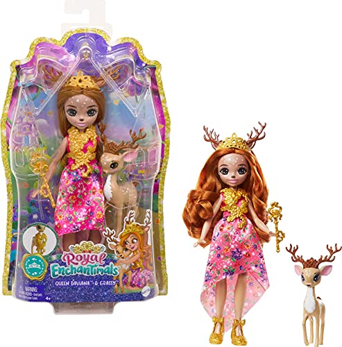 Royal Enchantimals Reina Daviana y Grassy, muñeca ciervo con cervatillo articulado mascota de juguete (Mattel GYJ12)