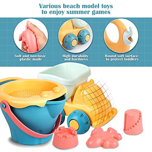 Sanlebi 17 Piezas Juguetes de Playa para Niños, Juegos Playa con Cubo Playa Palas Rastrillo Moldes de Arena, Niños Material Plastico Juguetes Arena