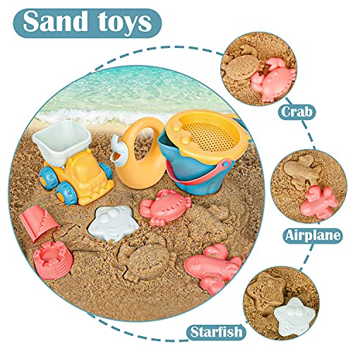 Sanlebi 17 Piezas Juguetes de Playa para Niños, Juegos Playa con Cubo Playa Palas Rastrillo Moldes de Arena, Niños Material Plastico Juguetes Arena