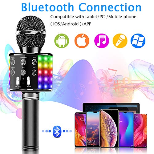 SaponinTree Microfono Inalámbrico Karaoke, Micrófono Karaoke Bluetooth Portátil con Altavoz con Luces de Baile LED para Canta Partido Musica Reproductor