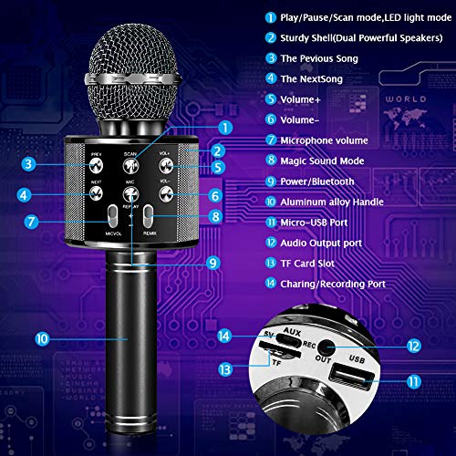 SaponinTree Microfono Inalámbrico Karaoke, Micrófono Karaoke Bluetooth Portátil con Altavoz con Luces de Baile LED para Canta Partido Musica Reproductor