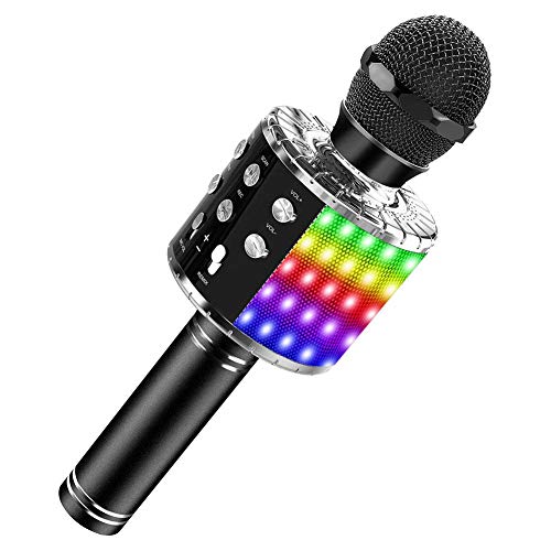 SaponinTree Microfono Inalámbrico Karaoke, Micrófono Karaoke Bluetooth Portátil con Altavoz con Luces de Baile LED para Canta Partido Musica Reproductor