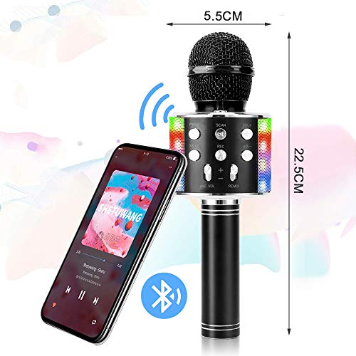 SaponinTree Microfono Inalámbrico Karaoke, Micrófono Karaoke Bluetooth Portátil con Altavoz con Luces de Baile LED para Canta Partido Musica Reproductor