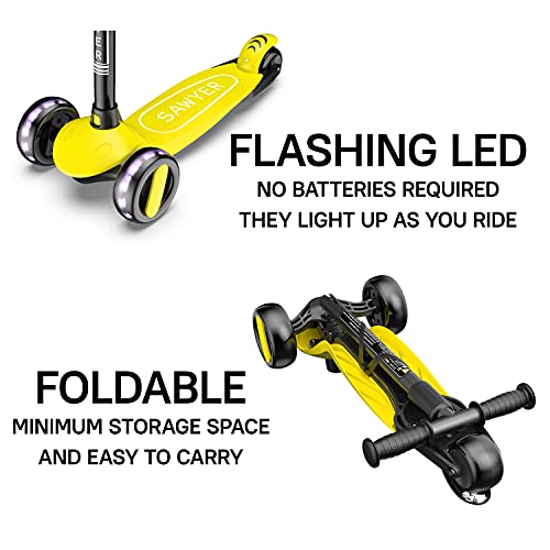 Sawyer - Patinete Ajustable Ruedas LED - Niños 2 a 8 Años (Amarillo)