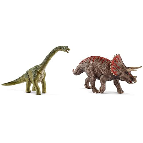 Schleich Figura Dinosaurio Braquiosaurio, Color Marrón, 18,5 Cm + Figura Dinosaurio Triceratops, 9,8 Cm