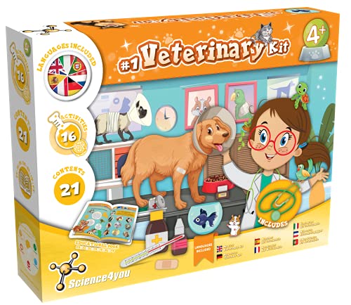 Science4you - Mi Primer Clinica Veterinaria para Niños 4+ Años - 16 Experimentos con Disfraz Veterinaria y Estetoscopio Juguete en Maletin de Herramientas, Juego Imitacion Multi Idioma Niños 4+ Años