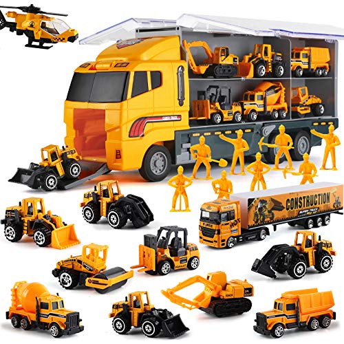 Set de Juguetes 19 en 1, Camión de Construcción con Ingeniero, Mini Camión y Coche modelados al vacío, Juego de Vehículos de Doble Lado para Niños y Niñas en Cumpleaños, Navidad, Fiestas, Regalos