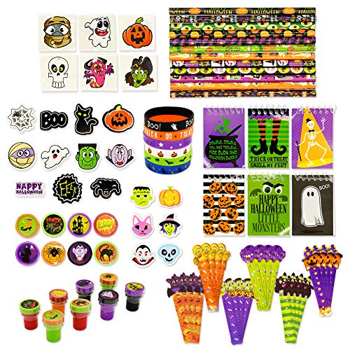 Set de Regalo de Halloween, Paquete de 12 Bolsas de Regalo Precargadas con Etiqueta, Set de Papelería de Halloween, Lápices, Reglas, Borradores, Cuadernos, Pegatinas, Sellos, Pulseras y Tatuajes