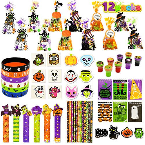 Set de Regalo de Halloween, Paquete de 12 Bolsas de Regalo Precargadas con Etiqueta, Set de Papelería de Halloween, Lápices, Reglas, Borradores, Cuadernos, Pegatinas, Sellos, Pulseras y Tatuajes