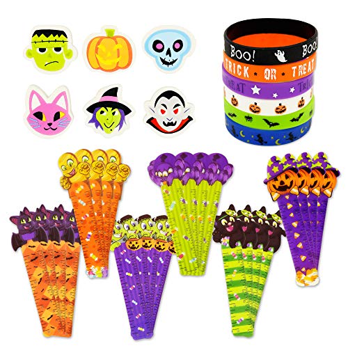 Set de Regalo de Halloween, Paquete de 12 Bolsas de Regalo Precargadas con Etiqueta, Set de Papelería de Halloween, Lápices, Reglas, Borradores, Cuadernos, Pegatinas, Sellos, Pulseras y Tatuajes