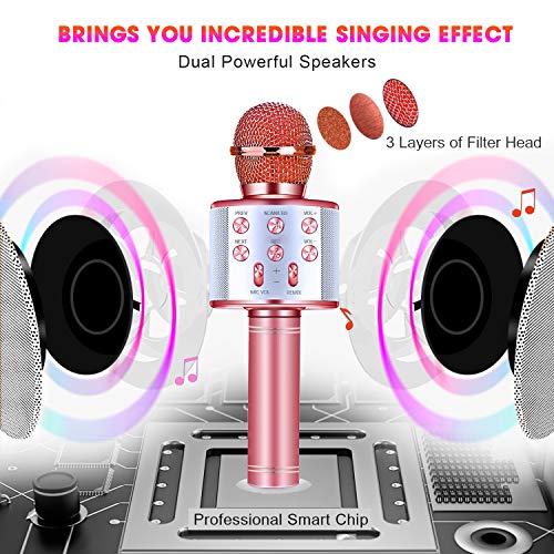 ShinePick Micrófono Karaoke Bluetooth, 4 en1 Microfono Inalámbrico Karaoke Portátil con Luces LED para Niños Canta Partido Musica, Compatible con Android/iOS PC, AUX o Teléfono Inteligente (Oro rosa)