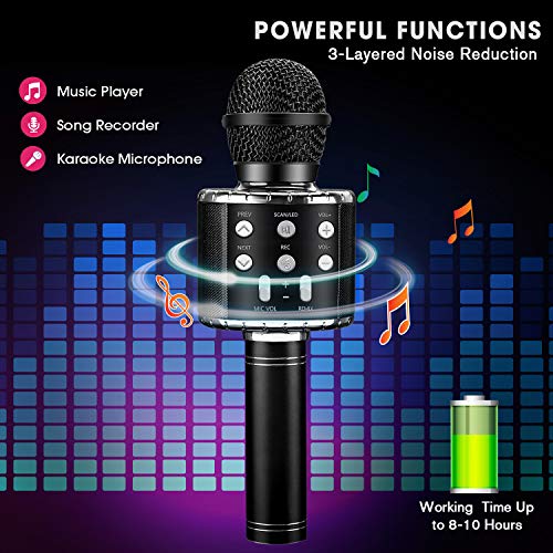 ShinePick Micrófono Karaoke Bluetooth, Microfono Inalámbrico Karaoke Portátil con Altavoz y LED para Niños Canta Partido Musica, Compatible con Android/iOS PC, AUX o Teléfono Inteligente (Negro)