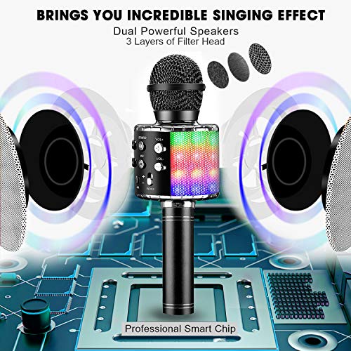 ShinePick Micrófono Karaoke Bluetooth, Microfono Inalámbrico Karaoke Portátil con Altavoz y LED para Niños Canta Partido Musica, Compatible con Android/iOS PC, AUX o Teléfono Inteligente (Negro)