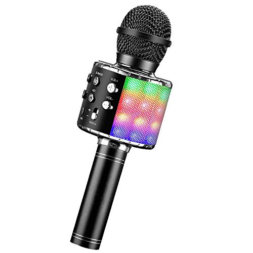 ShinePick Micrófono Karaoke Bluetooth, Microfono Inalámbrico Karaoke Portátil con Altavoz y LED para Niños Canta Partido Musica, Compatible con Android/iOS PC, AUX o Teléfono Inteligente (Negro)