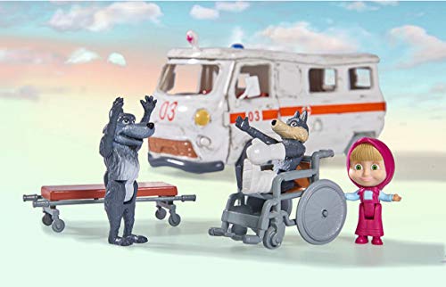 Simba 109309863 Masha y Michka Playset Ambulance - Juego de 2 Figuras de Lobos y 1 Figura articulada Masha