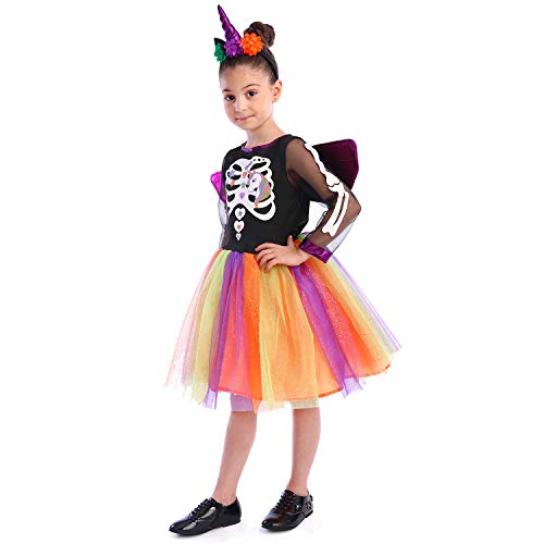 Sincere Party Disfraz de bruja con tutú de unicornio para niñas, disfraz de esqueleto, disfraz de unicornio para fiesta de carnaval de Halloween,7-8 años