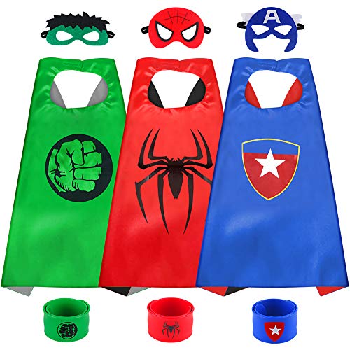 Sinoeem Capa de Superhéroe para Niños - 3 Capa y 3 Máscaras y 3 Slap Pulseras - Ideas Kit de Valor de Cosplay de Diseño de Fiesta de Cumpleaños de Navidad - Juguetes para Niños y Niñas (3pcs Capes-A)