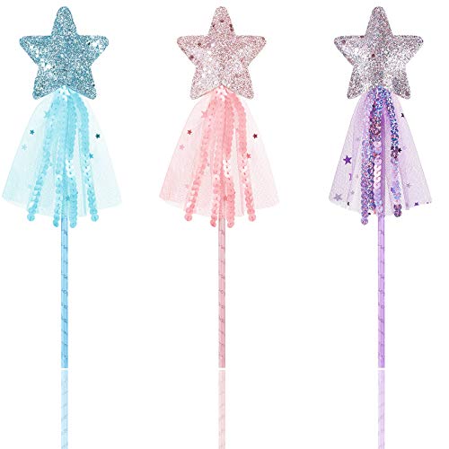 Skylety Varitas de Estrella Brillantes Varita de Princesa Varita de Hadas Palo de Hadas de Actuación para Niñas Disfraz de Navidad Cumpleaños (3 Piezas, Rosa, Morado y Azul)