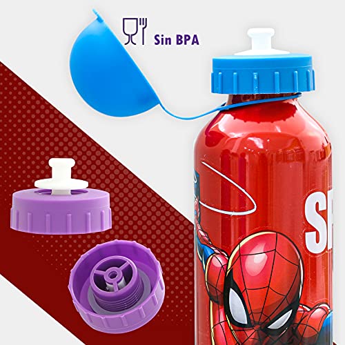 SKYLINE Cantimplora Infantil 500 ML, Spiderman, Botella Aluminio para Niños, Con Tapa Hermética, Sin BPA, Para Llevar a la Escuela, Parque, Deportes etc