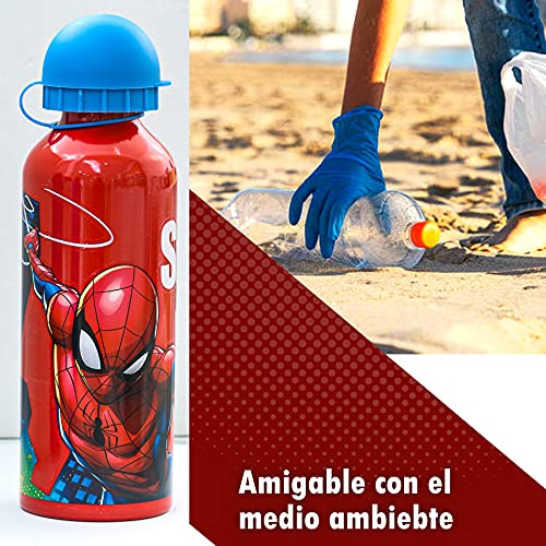 SKYLINE Cantimplora Infantil 500 ML, Spiderman, Botella Aluminio para Niños, Con Tapa Hermética, Sin BPA, Para Llevar a la Escuela, Parque, Deportes etc