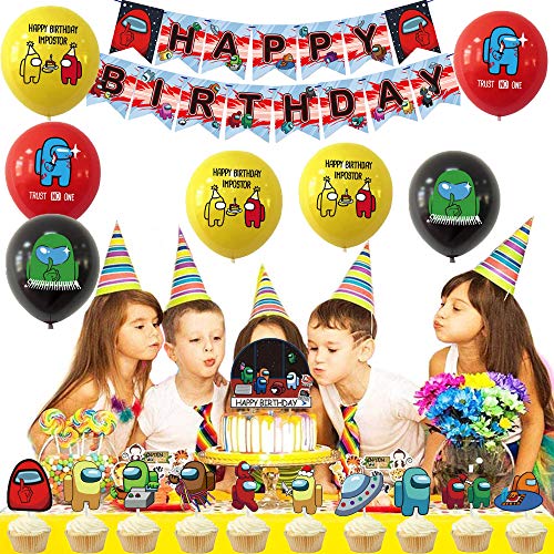 smileh Cumpleaños Decoracion de Among Us Globos Pancarta de Feliz Cumpleaños Adornos para Pastel de Juegos para niños adultos Decoraciones de Fiesta