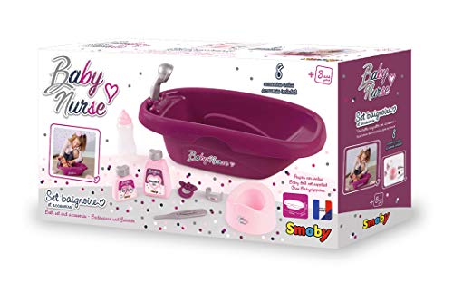 Smoby Baby Nurse-Bañera para Muñecos de hasta 42cm, Incluye 7 Accesorios para el Baño, con Ducha Extraíble, para Niños a Partir de 3 Años (220359), Multicolor