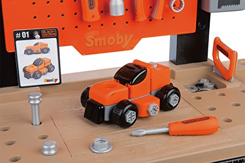 Smoby Black & Decker-Bricolo Center Taller Banco Herramientas Infantil-función Clavo Sube y Baja-más de 90 Piezas-Incluye Coche para Construir 360701, Color Negro y Rojo, No Installation