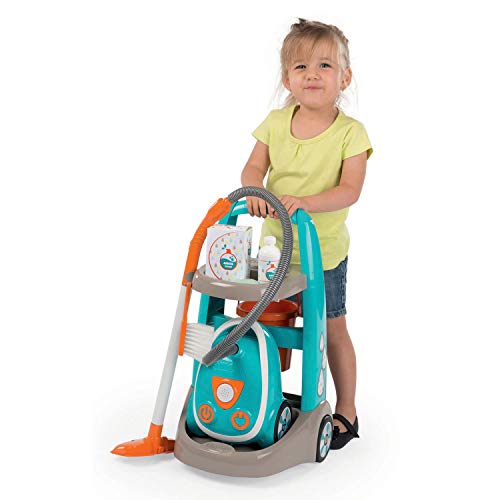 Smoby-Carrito de limpieza con aspirador y accesorios 330309, color azul y naranja , color/modelo surtido