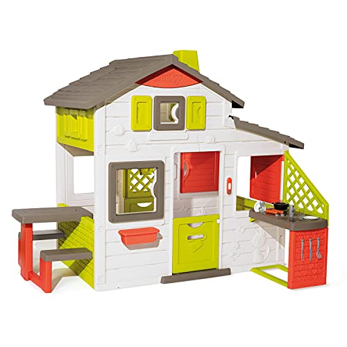 Smoby- Casita Infantil Neo Friends House Con Cocina, 1,72m de Alto, 2 Puertas de Entrada, Timbre Electrónico, Mesita Exterior, Posibilidad de Añadir Múltiples Accesorios, Para Niños a Partir de 3 Años