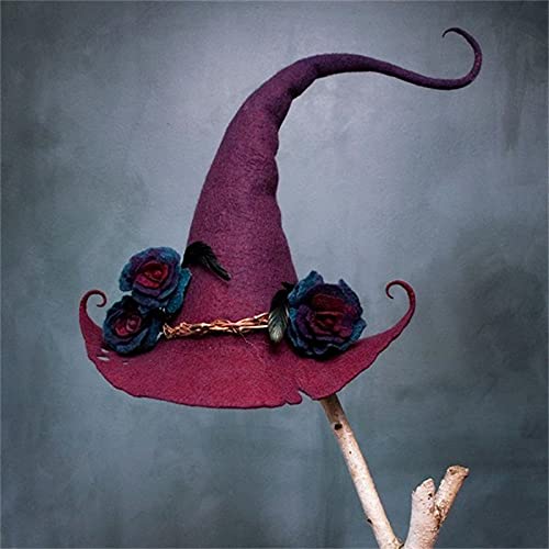 Sombrero de bruja para mujer, sombrero de fieltro, sombreros de bruja de Hogwarts con flores hechas a mano para Halloween, fiesta de cosplay, accesorios para mujer