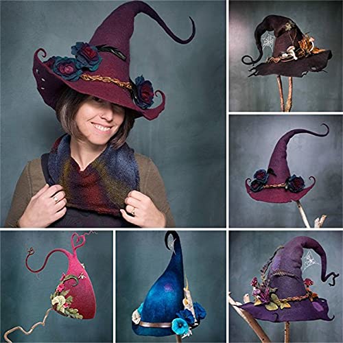 Sombrero de bruja para mujer, sombrero de fieltro, sombreros de bruja de Hogwarts con flores hechas a mano para Halloween, fiesta de cosplay, accesorios para mujer