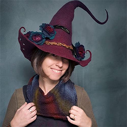 Sombrero de bruja para mujer, sombrero de fieltro, sombreros de bruja de Hogwarts con flores hechas a mano para Halloween, fiesta de cosplay, accesorios para mujer