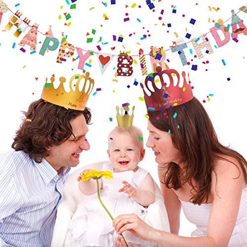 Sombreros de Papel del Fiesta de Cumpleaños y Pancarta de Feliz Cumpleaños, Gorros Forma Cónica con Poms, Tapa de Corona de Varios Color y Tamaños Para Los Cabritos y Los Adultos, Favores de la Fiesta