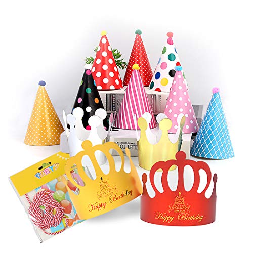 Sombreros de Papel del Fiesta de Cumpleaños y Pancarta de Feliz Cumpleaños, Gorros Forma Cónica con Poms, Tapa de Corona de Varios Color y Tamaños Para Los Cabritos y Los Adultos, Favores de la Fiesta