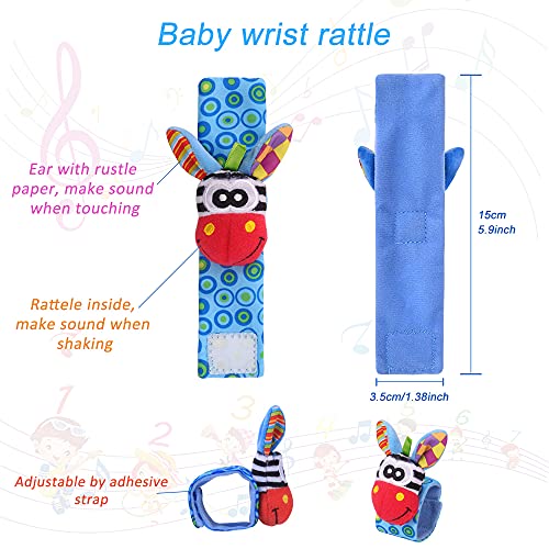 Sonajero Calcetines y Muñequeras para Bebé, Sonajero Toys con Buscador de Muñeca y Pie Juguetes de Animales Suaves y Bonitos para Recién Nacidos Niños Bebés (2 Pulseras y 2 Calcetines)